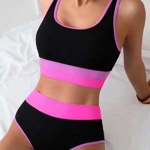 Black and Pink Bikini Set, two pieces swim suit for vacation vibe.